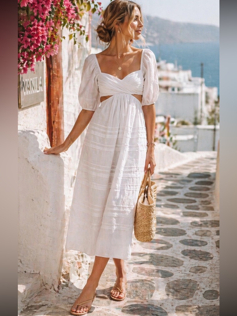 Staud Carina White Puff Sleeve Cutout Pintuck Midi Dress Medium Nwt